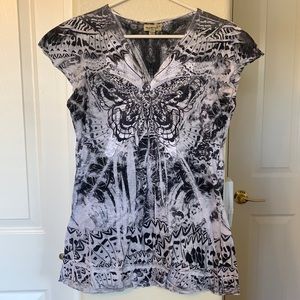 Oneworld Butterfly Short Sleeve Blouse Size M